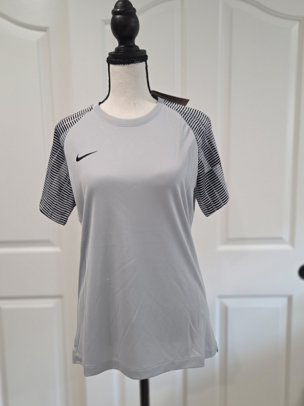 Nike Women's Short-Sleeve Training Top - Light Gray with Black Stripe Sleeves